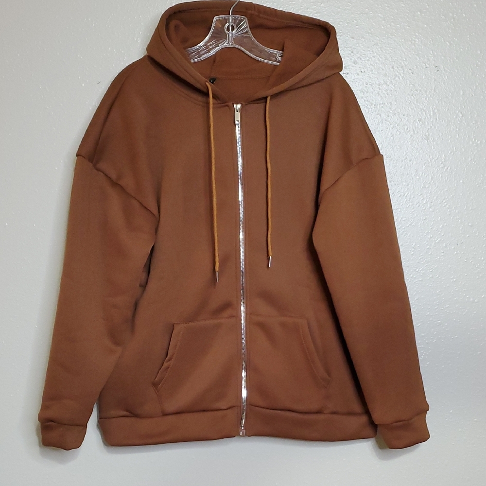 Brown Zip-Up Hoodie Sweatshirt Cabincore Women's Large